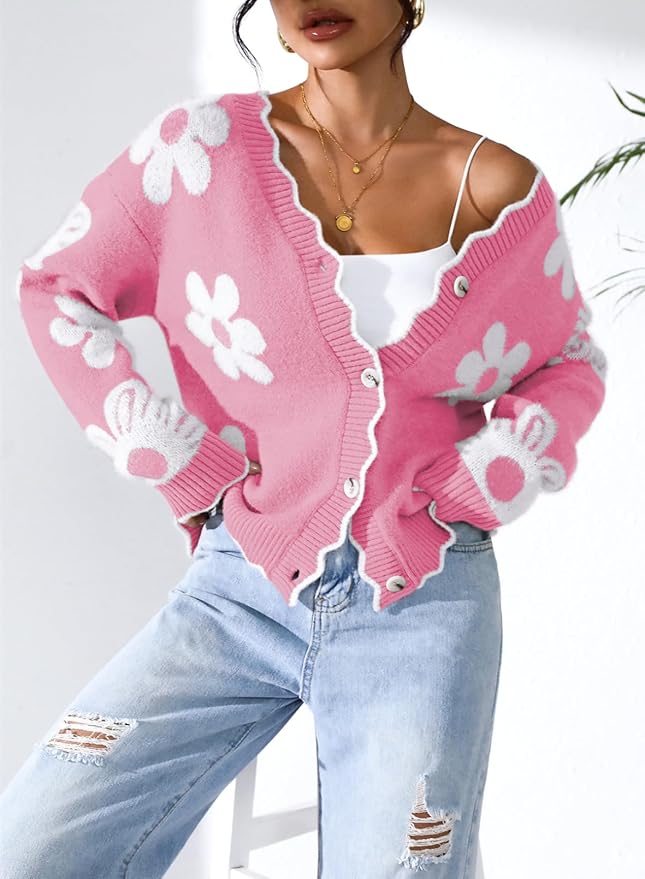 Pink Queen Fuzzy Sweater Cardigan for Women 2025 Fashion Long Sleeve Flower Outerwear Button Down Open Front Cardigan Coat