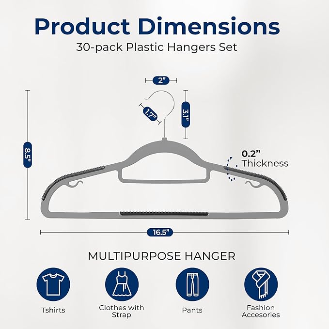 SereneLife Plastic Clothes Hangers, 30-Pack Hanger Set with Non-Slip Rubber Pad and 360° Swivel Metal Hook, Durable Grey Ultra Thin Hangers for Shirts, Pants, Dresses, Space-Saving Closet Organizer