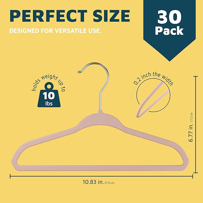Pink Velvet Kids Hangers 30 Pack, 10.83" Non-Slip Baby & Toddler Hangers for Clothes, Space-Saving Slim ABS Plastic with 360° Swivel Hook & Notched Shoulders, Up to 10 lb Capacity