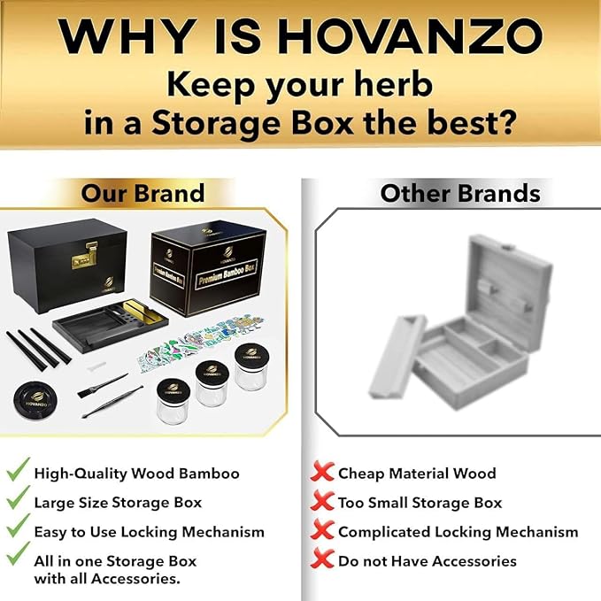 HOVANZO Premium Large Bamboo Storage Box with Removable Tray - Storage Wood Box for Herbs and Accessories - Storage Box Set with Combination Lock - Smell Proof Container with Accessories