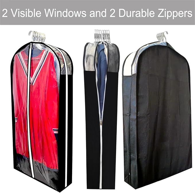 6.3"Gusseted Garment Bags for Hanging Clothes with Dual Zippers- Full Clear Front & Sides PEVA,50"Breathable Dust-proof Waterproof Dress Covers for Closet Storage,Travel,Moving,Black,5 Pack