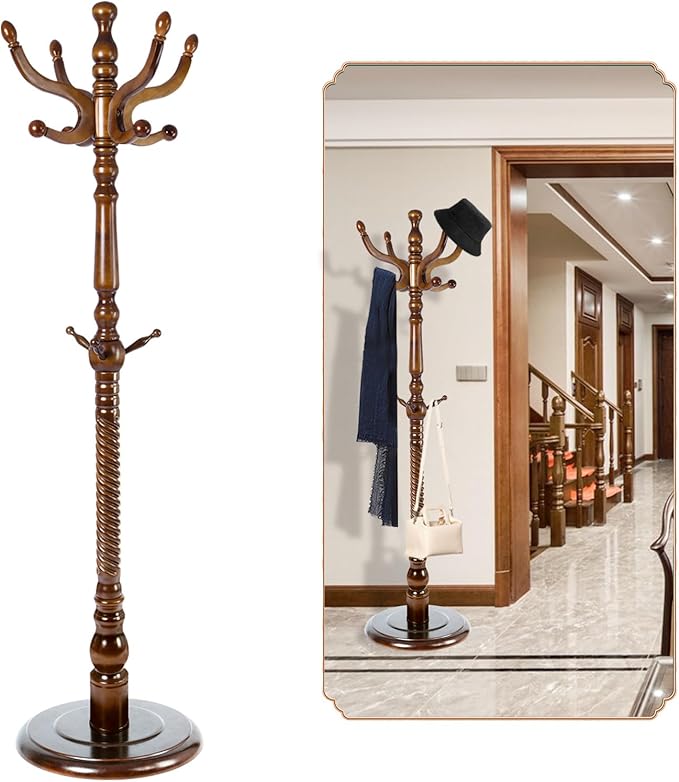 Coat Rack Freestanding, Wooden Tree Coat Rack Stand with 2 Adjustable Sizes Coat Tree and 11 Hooks, Sturdy Hall Tree with Tri-Legged Base for Entryway, Hallway, Bedroom (Walnut-Solid Round Base)