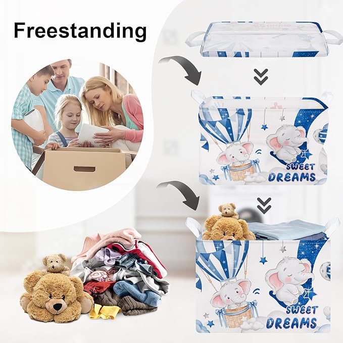 Sleeping Animals Baby Laundry Hamper Collapsible Clothes Kids Storage Basket Large Boys Girls Gift Toy Box Bin for Nursery, Elephant, 36L