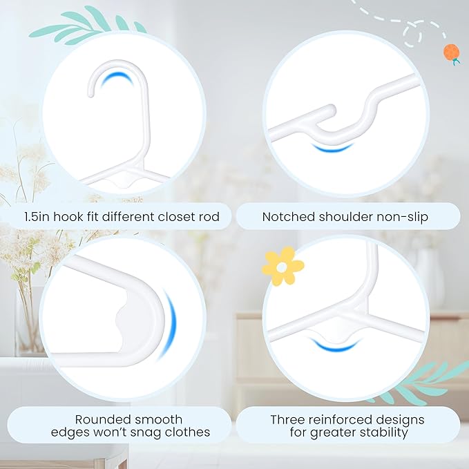 InfiniPower 50-Pack Kids Plastic Hangers, 11.5" Non-Slip & Space-Saving Hangers for Toddler & Infant Clothes, Shirts, Pants, Coats, Skirts, White
