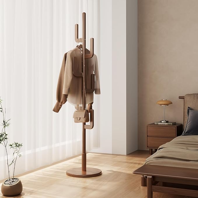 Solid Wood Cactus Coat Rack, Freestanding Coat Rack With 6 L-Shaped Hooks and 3 Adjustable Sizes, Coat Tree for Bedroom, Entryway, Livingroom, Coat Hanger Stand for Coats, Handbags (Walnut)