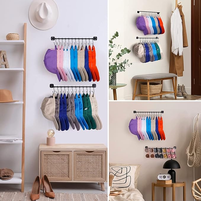 Hat Rack for Wall 24 Baseball Caps, 2 Pack Modern Metal Hat Organizer with 24 Hooks Hat Holder Wall-Mounted Storage Display for Closet Bedroom Entryway Laundry Black