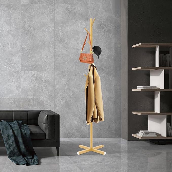 TFCFL Gold Metal Coat Rack Stand with 7 Hooks, Freestanding for Coats, Clothes, Hats, Shoes, Umbrella, Purse - 20 in 1