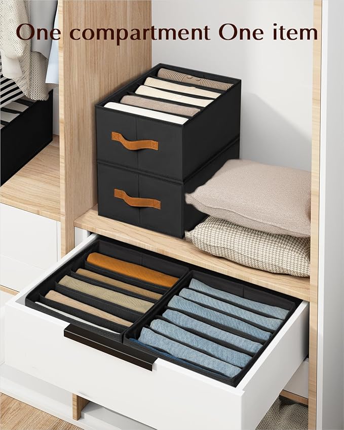 Clothes Organizers and Storage - 4/5/7 Grids Fabric Jeans Organizer with Handles, Foldable Closet Organizers Dividers, Wardrobe organizer for Pant, Sweater, T-shirt, Scarf, 6 Pack, Black