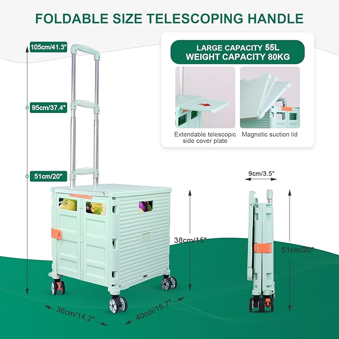 FELICON SELORSS Folding Utility Cart Portable Rolling Crate Handcart with Magnetic Sliding Lid Telescoping Handle Plastic Box Dolly 360°Swivel Wheels for Travel Shop Move Office Teacher(Green Pro)