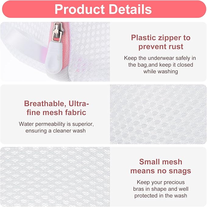 3 PCS Bra Washing Bag for Laundry, Mesh Wash Bag for Bras with Zipper Large Bra Laundry Bags for Washing Machine Women Lingerie Bags Wash for Washing Delicates(A to D Cups)