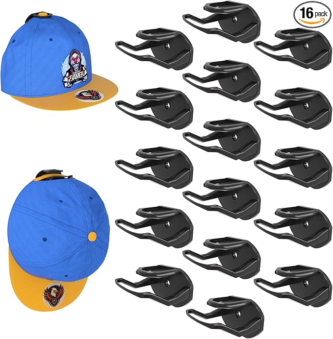 16 Pack Adhesive Hat Hooks for Wall, Strong Hat Rack for Baseball Caps, Hat Organizer Display for Home Decor, Hat Hold Hanger for Wall, Door, Closet, No Drilling - USA Patented (Black)