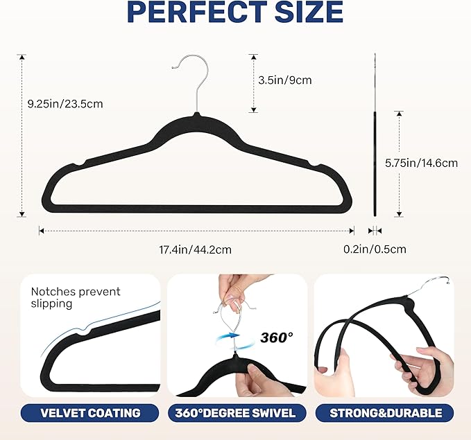 YSSOA Velvet Hangers 50 Pack, Heavy Duty Non-Slip Clothes Hangers with Shoulder Notches, 360° Swivel Hooks, Black