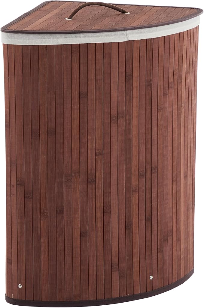 Bamboo Laundry Hamper Large 58L with Removable 2-Section Liner, Foldable Storage Basket with Lid and Handles for Bedroom, Laundry Room, Small Spaces – Brown - Triangle