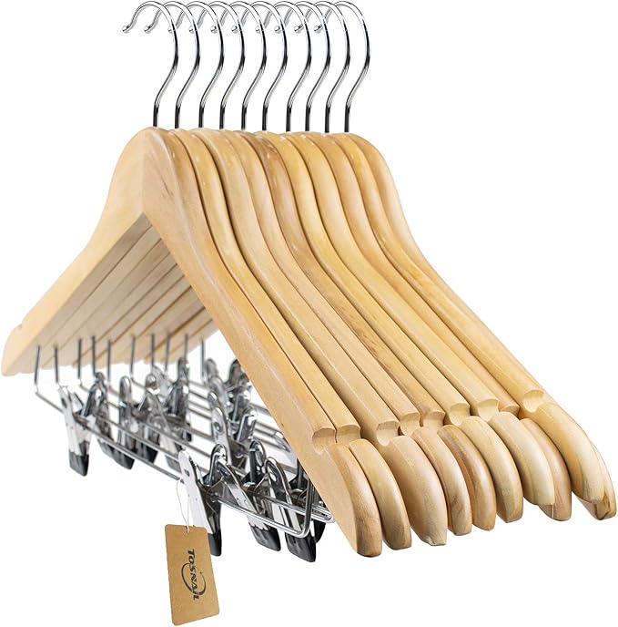 Tosnail 12-Pack Wooden Pant Hanger, Wooden Suit Hangers with Steel Clips and Hooks, Natural Wood Collection Skirt Hangers, Standard Clothes Hangers