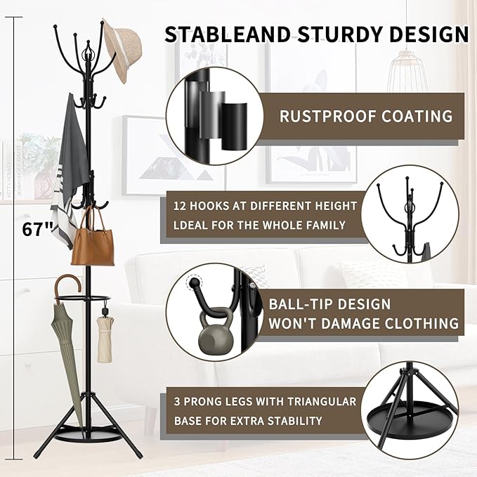 Coat Rack Freestanding - 67" H Black Metal Coat Rack Stand with Umbrella Holder with 12 Hooks for Bathroom Bedroom Entryway Living Room & Office for Hats, Coats, Scarves, Handbags