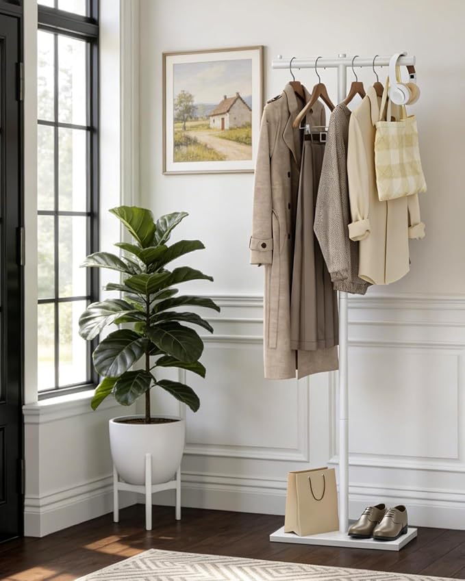 T-shaped Coat Rack Freestanding, Modern Clothes Rack with Rock Slab Base, Heavy-duty Metal Coat Tree for Boutiques, Hallway, Entryway, 68.9 Inches High, White, GYJ001W