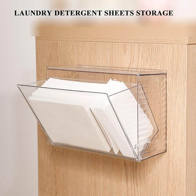Clear Dishwasher Detergent Dispenser Holder, Large Adhesive Under Sink Door Storage and Organizer for Kitchen and Bathroom, Plastic Laundry Pods Box