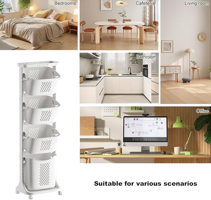 4-Tier Vertical Laundry Basket with Wheels, Tiered Laundry Organizers and Storage with Removable Basket, Vertical Rolling Laundry Hampers for Laundry Room, Dorm, Bathroom, White