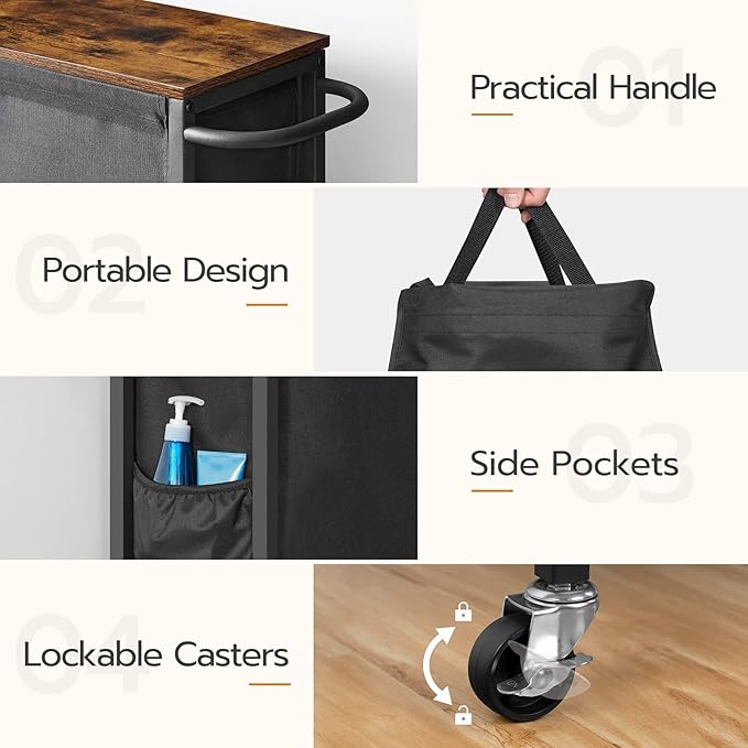HOOBRO Slim Laundry Hamper with Lid, 11Gal Rolling Laundry Basket with Wheels, Laundry Sorter with Side Pockets and Handle, Oxford Fabric Bag, Space-Saving, Rustic Brown and Black BF24XY01G2