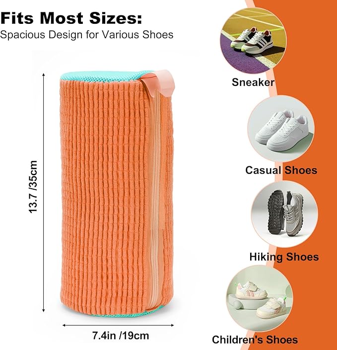 Shoe Washing Machine Bag - Shoe Laundry Bag for Washer and Dryer, Reusable 2 Pack, 360° Deep Cleaning, Self-Locking Zipper, Fits All Sneakers & Tennis Shoes - Orange