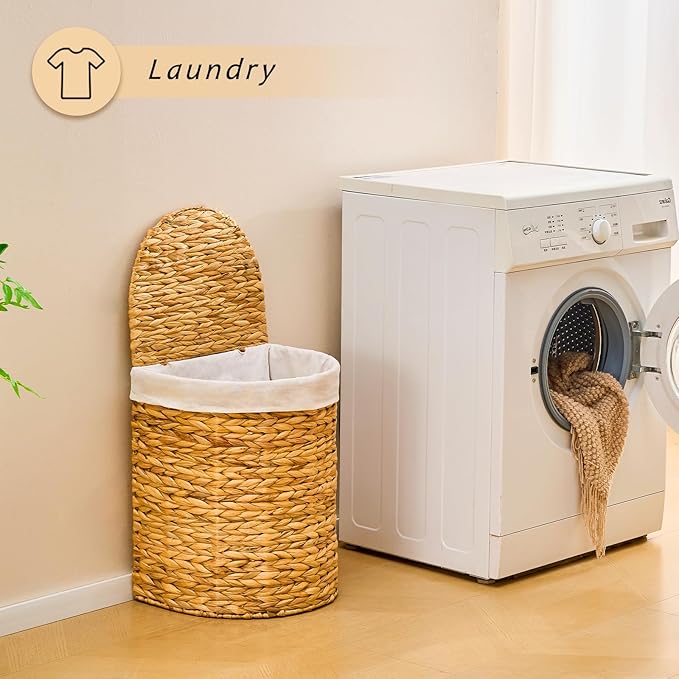 Half Round Wicker Laundry Hamper with Lid and 2 Removable Liner Bags, Handwoven Natural Water Hyacinth Laundry Basket for Dirty Clothes, Natural