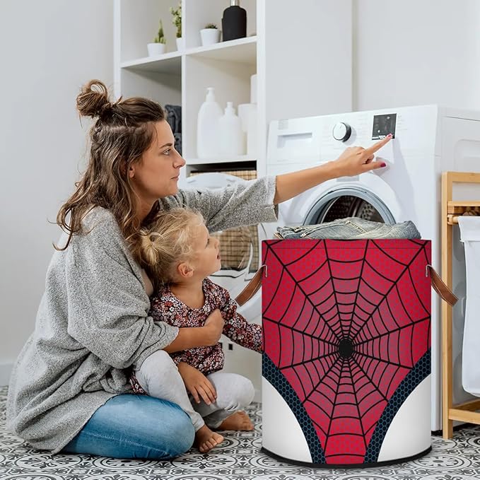 Large Laundry Hamper Basket with Lid, Round Collapsible Storage Organizer Bin for Kids Room, Boys, Nursery, Closet, Bedroom, Playroom, Toys, Dirty Clothes, Red Spider Web 16"W x 20"H