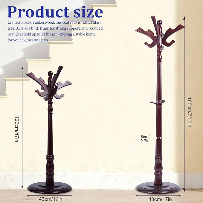 73" Wooden Freestanding Coat Rack，Easy to Adjust, Easy to Assemble for Children, Youth,Coat Rack Stand With Adults，18 Hooks and Round Solid Wood Base for Entrance Hallway Office (Flying Swallow)