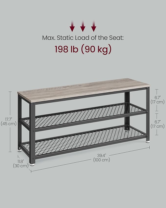 VASAGLE 3-Tier Shoe Rack, Shelf Storage Bench with Metal Mesh Shelves and Seat, Free Standing Shoe Organizer for Entryway, 11.8 x 39.4 x 17.7 Inches, Greige and Black ULBS078K01