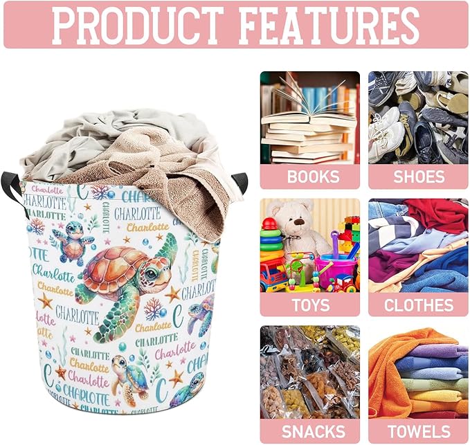 Sea Turtle Laundry Basket,Personalized Laundry Hamper for Boys Girls,Custom Laundry Basket With Name, Customized Dirty Clothes Hamper for Bathroom Bedrooms,M-19.5"X 15.7"