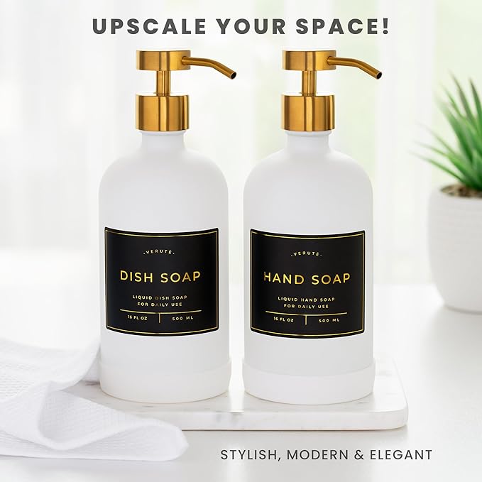 Hand and Dish Soap Dispenser for Kitchen and Bathroom, Set of 2 16 Oz Glass Bottles, Stainless Steel Pumps, Non-Slip Silicone Base, 27 Waterproof Labels (Matte White Bottle/Brushed Gold Pump)
