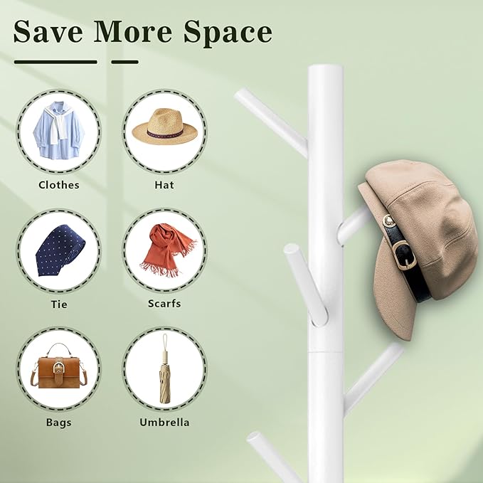 Wooden Coat Rack Freestanding with 8 Hooks,Easy Assembly New Zealand Pine Tree Coat Racks, 3 Adjustable Sizes for Clothes, Hats, Bags, for Entryway, Hallway, Bedroom, Office (White, 2 PCS)