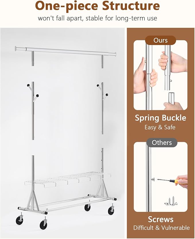 Hoctieon 1-Minute Assembly Clothes Rack, 480 lbs Heavy Duty Rolling Clothing Racks with Wheels, Foldable Garment Rack, Extendable Hanging Bar, Adjustable Metal Pole with Hooks, Chrome