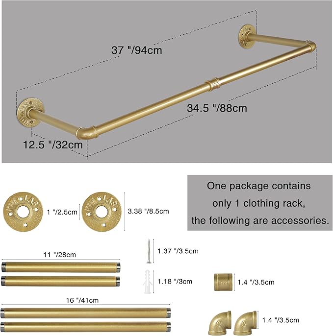 AddGrace Industrial Iron Pipe Clothing Garment Rack Wall Mounted Closet Rod Retail Display Rack Closet Storage Clothes Organizer Gold