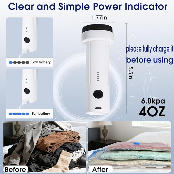 6.0Kpa Cordless Electric Vacuum Pump for Storage Bags, USB Rechargeable Portable Vacuum Sealer for Travel Air Pump Compression Bag Pumps for Clothes Blankets Bedding, Black (No bags)