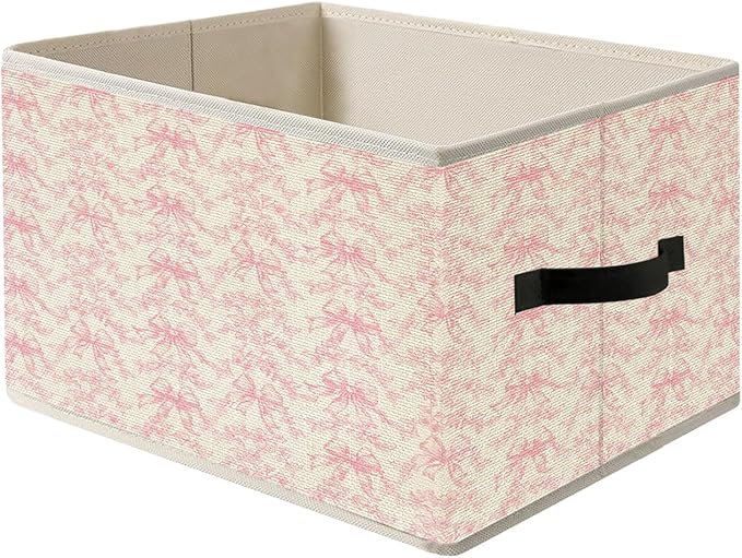 Pink Coquette Bow Floral Storage Bin Box with Handles, French Country Rustic Pink Flower Foldable Organizer Basket Toybox for Girls Room Dorm Bedroom Bathroom Clothes Toys Books