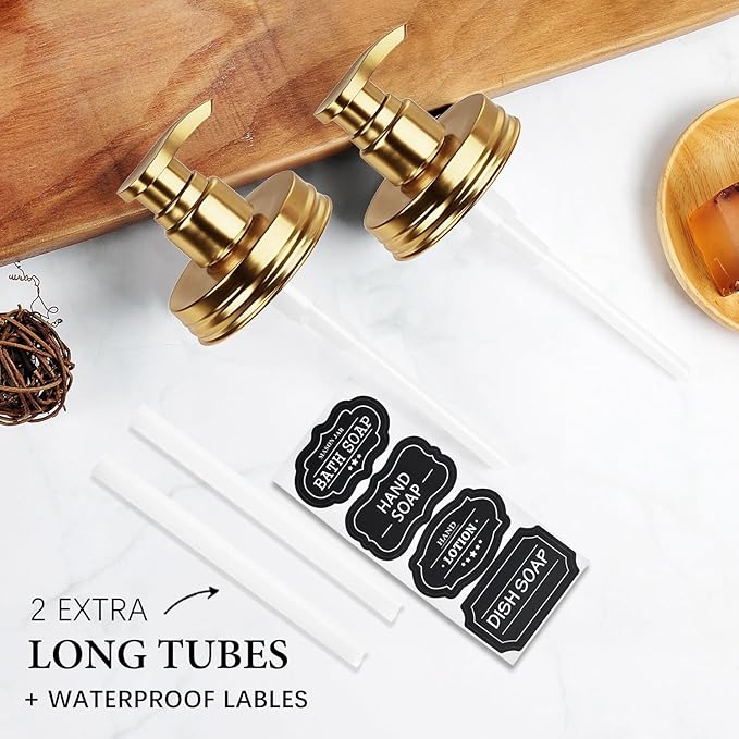 Amolliar Plastic Mason Jar Soap Dispenser Lids(2) - Universal Pump Replacement for Regular Mouth Jar - Long Tubes & Cute Lables - for Kitchen, Bathroom, Dish Soap, Lotions, Hand Soap, Gold