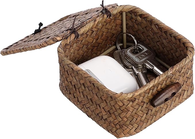 Mini Seagrass Basket Handwoven Small Wicker Basket with Lid Square Portable Storage Baskets for Key Jewelry Decorative Organizer Box for Shelf, 3.5"L x 3.5"W x 2"H