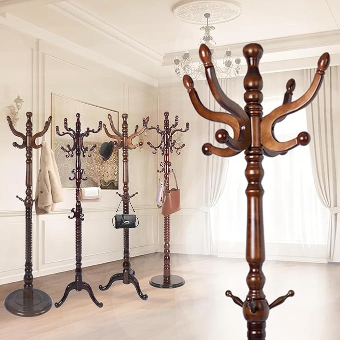 Coat Rack Freestanding,Solid Wooden Coat Rack Stand with 3 Height Options,14 Hooks, Natural Birch Coat Tree Easy to assemble for Clothes Jacket Hat bag Entryway (mahogany) (retro)