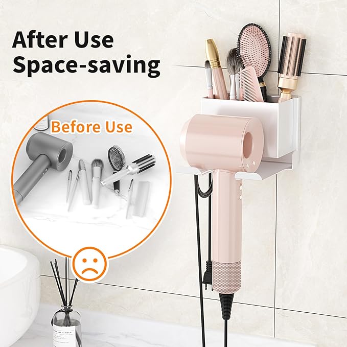 Hair Dryer Holder Wall Mounted, Hair Tools Organizer, Bathroom Space-Saving Blow Dryer Organizer Curling Irons Storage Wall Mounted White (Self-Adhesive and Drilling)