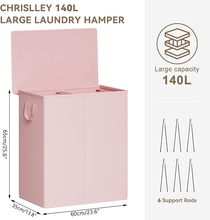 Chrislley 140L Laundry Hamper 2 Section, Double Laundry Basket with Lid, Large Dirty Clothes Hamper with Removable Liner Bags, Collapsible Laundry Organizer for Bedroom, Dorm,Pink