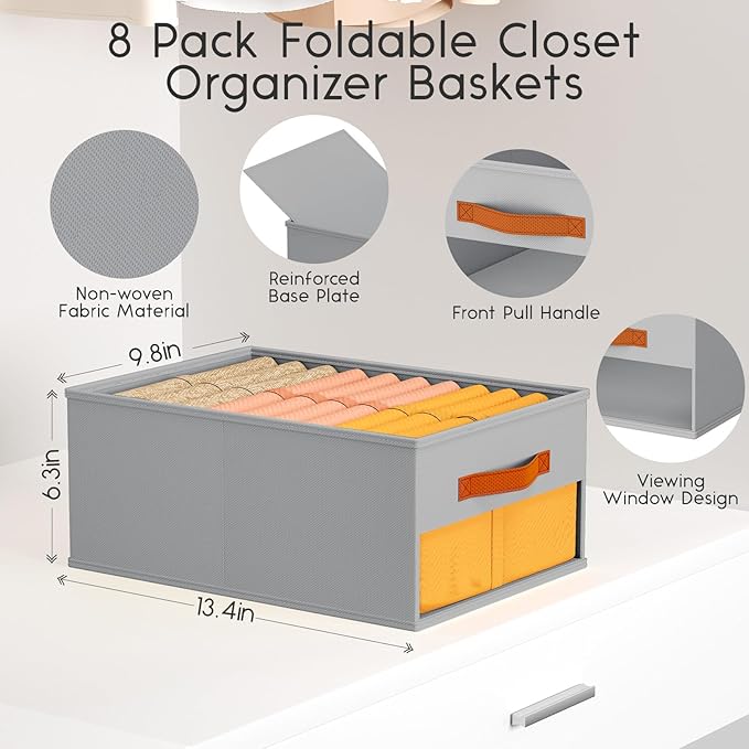 Drawer Organizers and Storage - 8 Pack Foldable Pants Organizer with Clear Window & Handles, Fabric Closet Organizer for Clothes, Jeans, Sweaters, Towels, T-shirt, Scarf (Grey)