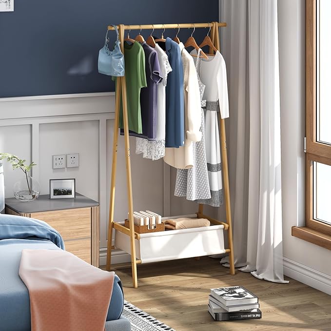 Clothing Rack with Storage Box, Dress Up Rack, Dress Up Storage, Large Foldable Bamboo Garment Stand with Hanging Rods, Dress Up Holder