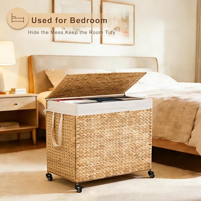 3-Section Laundry Hamper with Lid, Large Capacity Woven Natural Water Hyacinth Laundry Sorter with Removable Liners, Rolling or Non-Slip Design for Bedroom (Natural, 155L)
