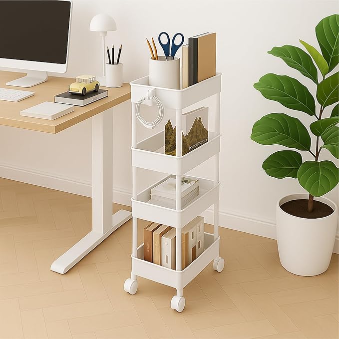 ShellKingdom 4 Tier Bathroom Storage Organizer, Slim Rolling Storage Cart for Narrow Space, Mobile Shelving Unit with Lockable Wheels and Hooks for Bathroom, Kitchen, Laundry Movable Shelf (White)