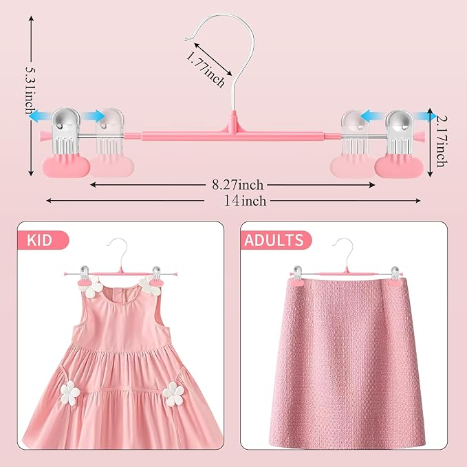 HUADYMEET 20 Pack 14Inch Pants Hangers with Wide Clips,Metal Trouser Hanger for Jeans.Space Saving Skirt Hangers Heavy Duty Non-Slip Adjustable Clothes Shorts Hanger for Women,Men,Pink