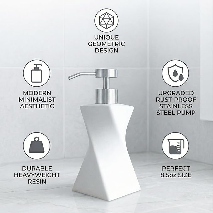 Modern White Hand Soap Dispenser with Stainless Steel Pump for Bathroom Countertop, Dish Soap Dispenser for Kitchen Sink, Contemporary Art Style, Matte Finish, 8.5oz (Arctic White)