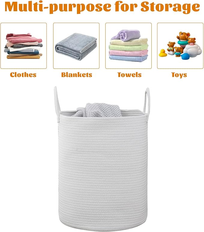 Woven Basket Nursery Laundry Hamper with Handles, Clothes Storage Organizer, Woven Basket for Boy Room Decor, Toy & Blanket Storage Bin, 15x15x18 Inch, White, 1pc