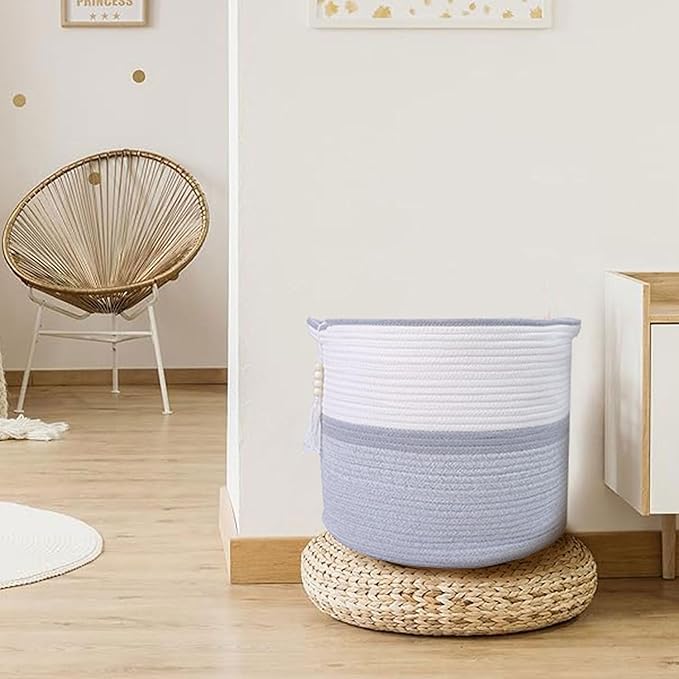 Large Woven Rope Laundry Hamper, Cotton Rope Storage Basket with Handles, Multipurpose Storage Basket for Laundry, Toys, Blankets in Bedroom, Bathroom, Living Room - Stylish & Durable (Grey, 55L)