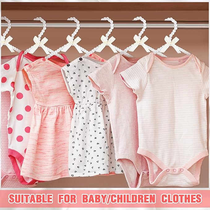 Threan White 6 Pcs Pearl Beaded Clothes Hanger Mini Pearl Beads Small Metal Clothes Hangers with Ribbon Standard for Kids Baby Children Pet Dog