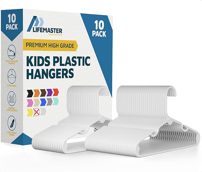 Lifemaster Plastic Kids Clothes Hanger – Children Clothes Hanger with Shoulder Notch, 11.6 Inch Space-Saving Closet Organizer for Baby, Toddler, and Kids Clothing, Hold Up to 5 lbs, Pack of 10, White